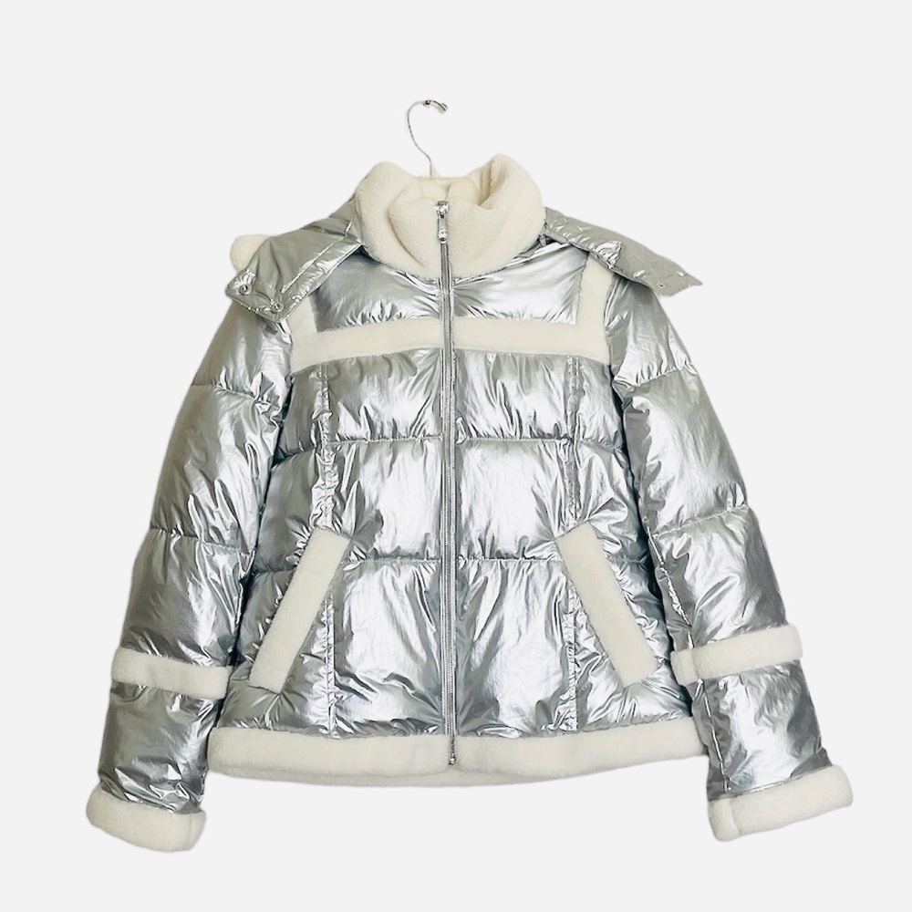 Sam Edelman METALLIC FLEECE TRIM HOODED PUFF COAT IN SILVER NWT - Picture 4 of 14